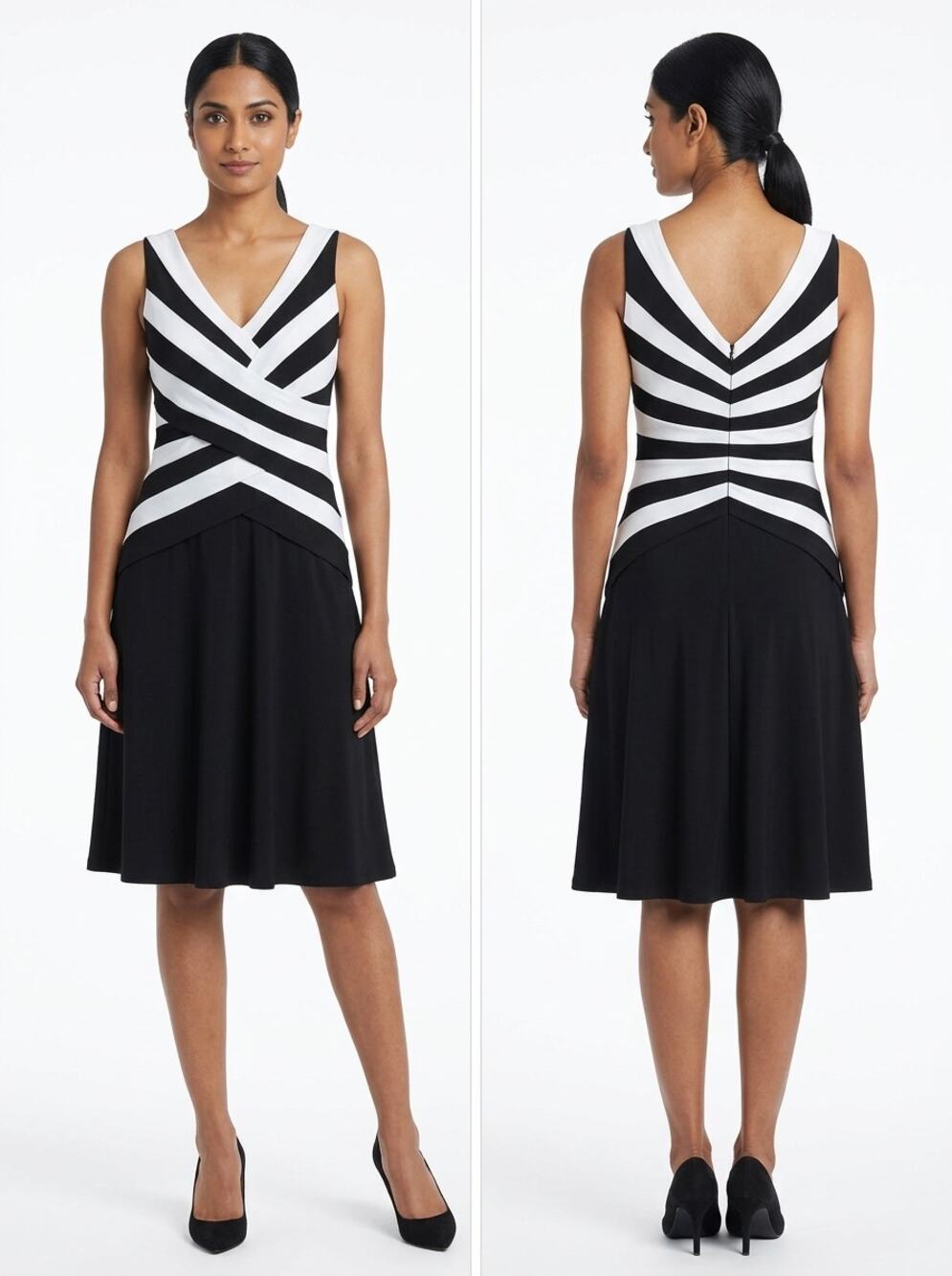 Sandra Darren Black A-Line Knee Length Jersey Striped Dress Women Size 12